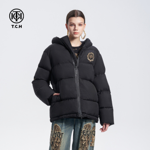TCH潮牌時(shí)尚 新款 燙鉆收腰顯瘦加厚保暖連帽羽絨服外套女2024冬季