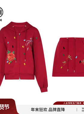 TCH轻奢时尚潮牌手缝钻红色休闲宽松连帽外套短裙套装T75C07E1016