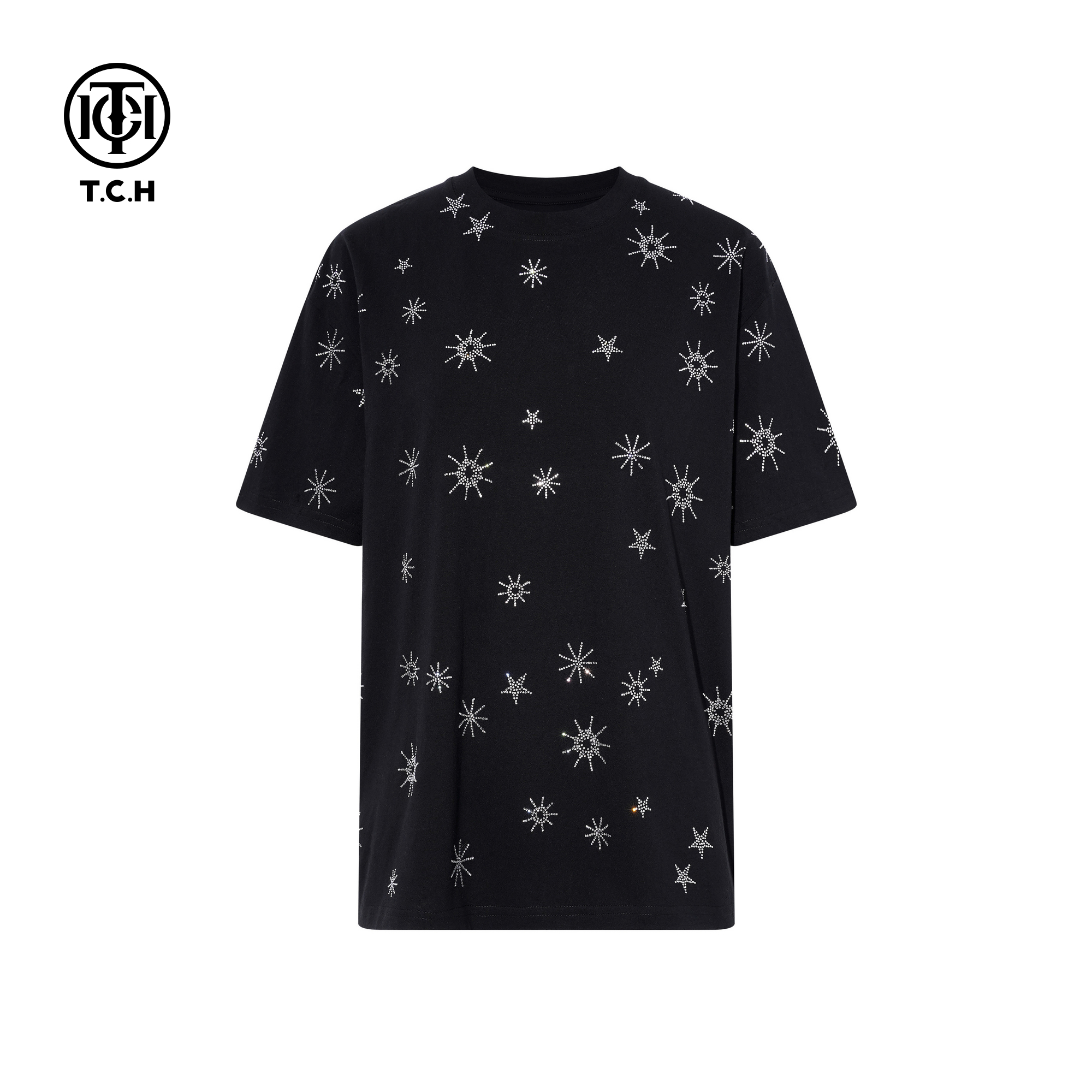 TCH时尚潮流烫钻黑色休闲宽松圆领短袖T恤男女同款T75D10E1007