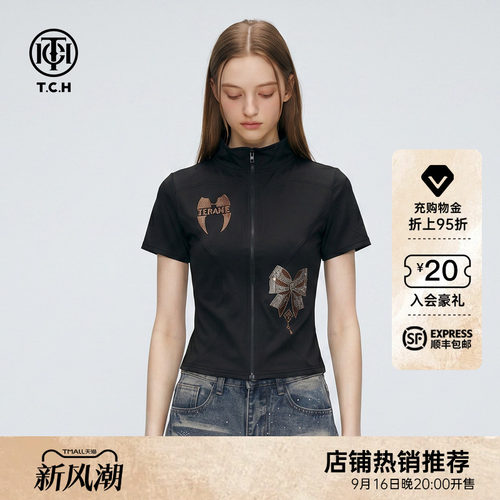 TCH烫钻黑色立领拉链短袖上衣