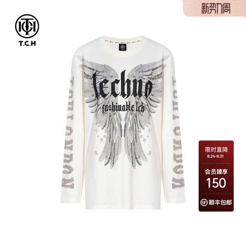 TCH轻奢潮牌翅膀烫钻休闲宽松圆领长袖T恤男女同款T75C08E902026