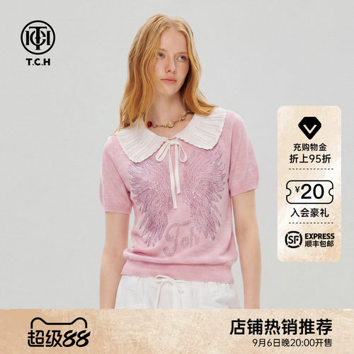 TCH烫钻翅膀娃娃领短袖针织衫