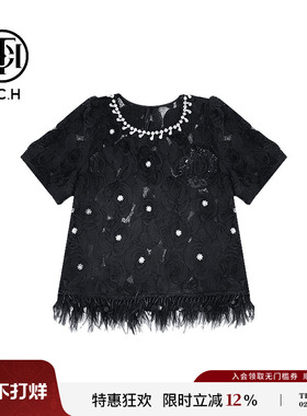 TCH 夏季新款新中式系列时尚小香风黑色羽毛短袖T恤女T72B10E9083