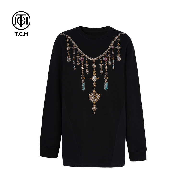 TCH私服烫钻时尚流行休闲百搭圆领卫衣女2025秋季新款T75C11B1010