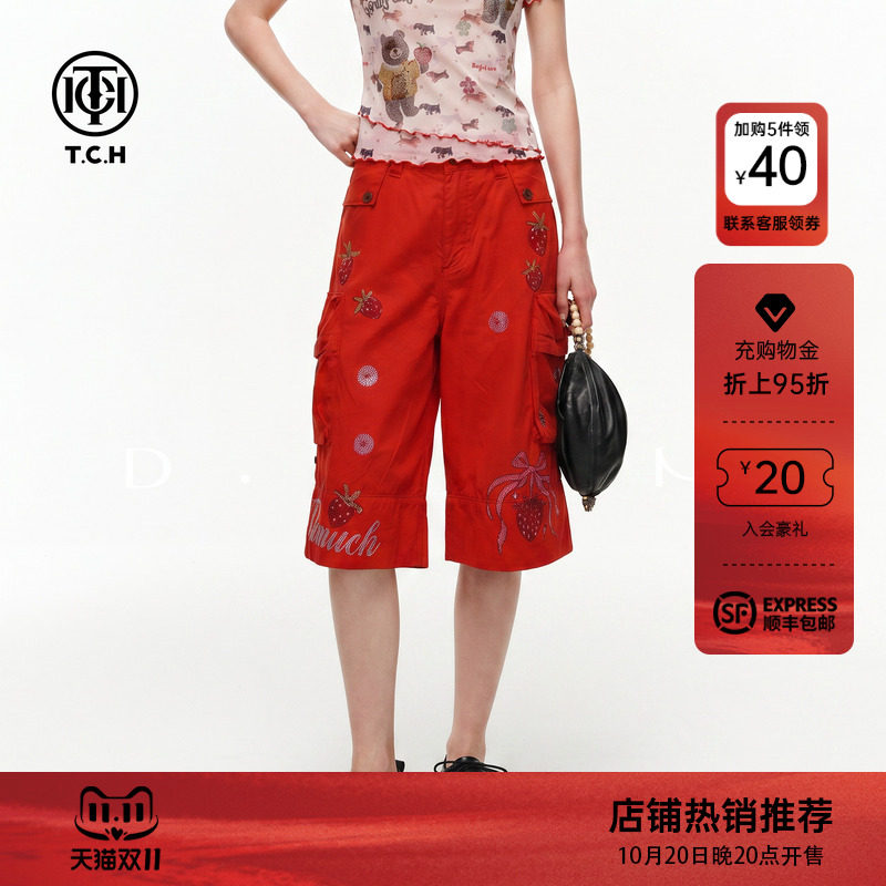 TCH美式甜酷草莓烫钻红色牛仔短裤女2026夏季新款宽松阔腿五分裤