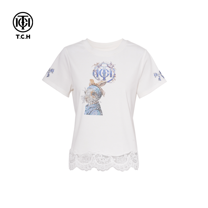 TCH私服2025夏季新款烫钻时尚休闲百搭白色短袖T恤女T75A10E5035