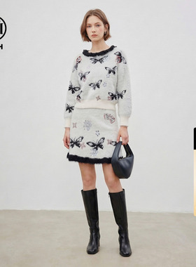 TCH温柔提花烫钻木耳边黑白撞色毛衣短裙针织套装女T78A07E1079
