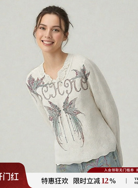 TCH温柔V领蕾丝边烫钻翅膀针织衫上衣女2026春夏新款T78A09E1021
