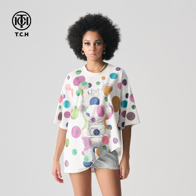 TCH多巴胺波点兔子印花烫钻短袖经典宽松T恤女2025夏季T72B106106