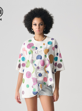 TCH多巴胺波点兔子印花烫钻短袖经典宽松T恤女2025夏季T72B106106