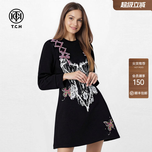 TCH潮酷暗黑风圆领长袖收腰显瘦连衣裙女2025秋冬新款T75D30E1037