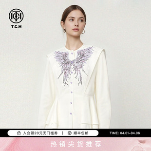 TCH烫钻天使之翼荷叶下摆收腰修身 上衣女T78A13E1018 气质显瘦衬衫