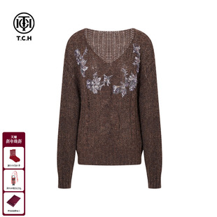 T75C09E1166 女25秋冬新款 TCH私服烫钻时尚 百搭宽松慵懒V领针织衫
