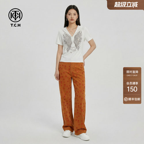 TCH复古烫钻满印直筒牛仔裤女