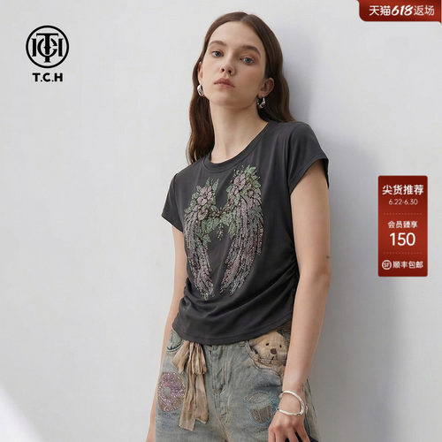 TCH烫钻花朵翅膀短袖T恤显瘦