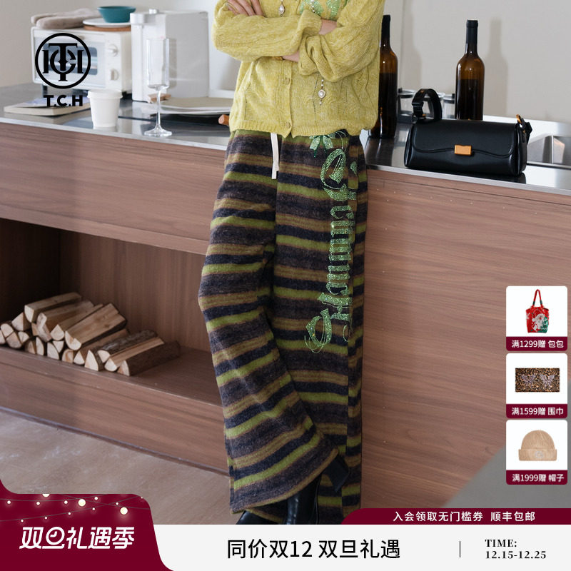 TCH私服字母烫钻宽松垂感直筒显瘦复古条纹阔腿裤女T75C20E5171X