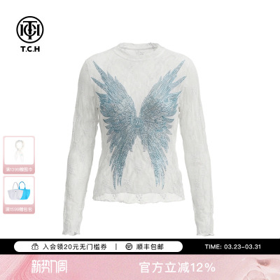 TCH甜酷辣妹风烫钻翅膀蕾丝打底衫女修身显瘦内搭上衣T78A02E1033