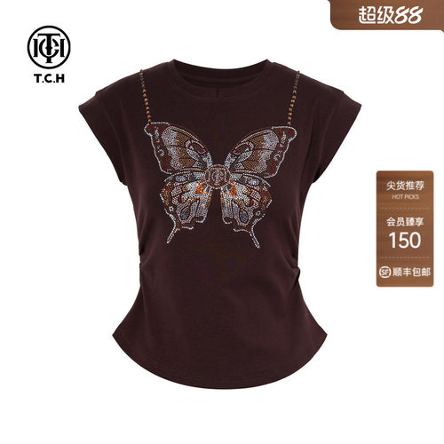 TCH轻奢时尚设计感蝴蝶烫钻咖色飞飞袖圆领显瘦T恤女T78B10E1122