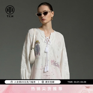女显瘦百搭系带流苏宽松上衣T78A13E1079 TCH温柔甜美风烫钻衬衫