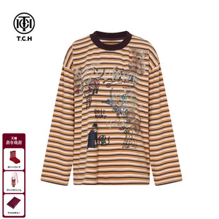 T恤女T75D08E1006 条纹休闲宽松长袖 TCH25秋冬新款 烫钻撞色插肩袖