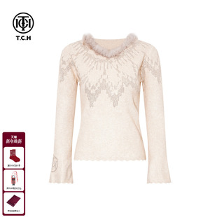 女T75D09E1220 打底针织衫 TCH2025秋冬时尚 烫钻卡其V领木耳边修身