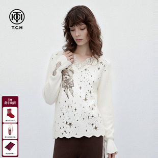 女T75D09E1052 气质蕾丝边针织衫 TCH私服25秋冬新款 慵懒风烫钻时尚