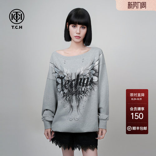 TCH烫钻翅膀美式休闲宽松圆领长袖卫衣T75C11E9003