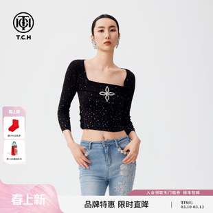 TCH秋季新款短款修身针织衫满钻方领显瘦针织上衣女T72C098053