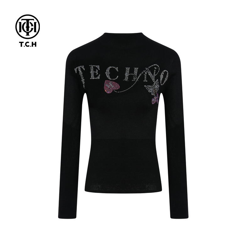TCH私服烫钻时尚百搭修身显瘦半高领针织衫女秋冬新款T75D09E1015