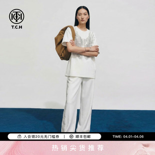 套装 T78A07E1167 T恤女休闲阔腿裤 TCH潮酷风烫钻翅膀白色宽松短袖