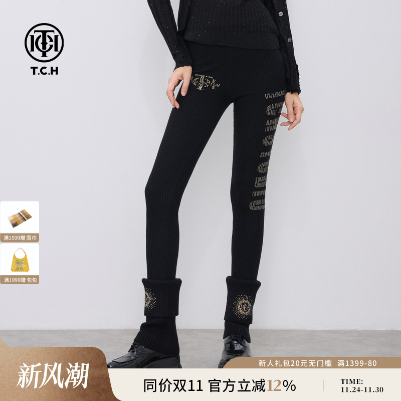 TCH私服烫钻百搭修身显瘦黑色针织打底裤新款T75C23E5001