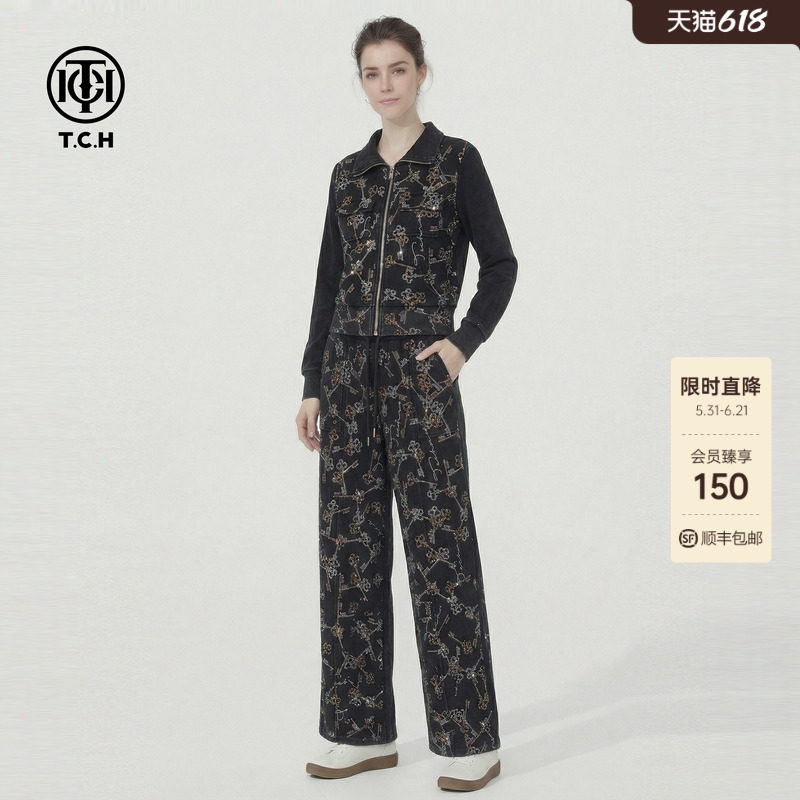 TCH潮酷高街时尚星座烫钻拉链翻领外套休闲裤套装女T78A07E1123