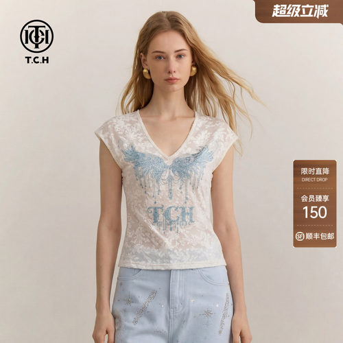 TCH轻奢烫钻翅膀V领短袖T恤女