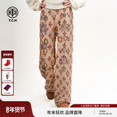 TCH奢雅流沙黄金色垂感烫钻直筒弹性针织松紧腰休闲裤 女2025秋冬