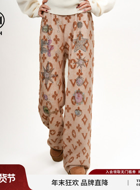 TCH奢雅流沙黄金色垂感烫钻直筒弹性针织松紧腰休闲裤女2025秋冬