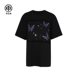 T75C10B1021 TCH私服烫钻时尚 休闲百搭宽松短袖 T恤女25夏季 新款