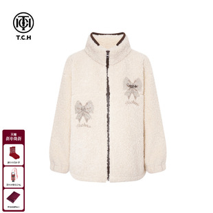 TCH私服烫钻立领加厚保暖宽松毛毛外套女2025冬季 T75D05E1012 新款