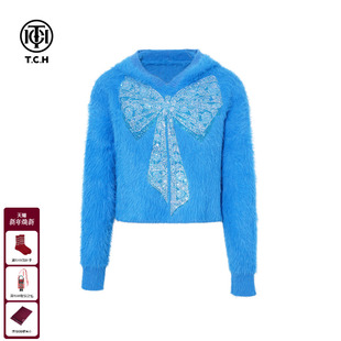 T75D09E1235 新款 TCH温柔气质烫钻百搭连帽针织衫 上衣女2025冬季