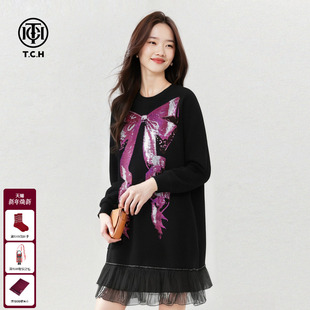 TCH甜酷粉色蝴蝶结烫钻黑纱裙摆秋冬宽松休闲连衣裙女T75D30E1048