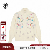 韩系烫钻立领米色拉链针织开衫 TCH2026春季 新款 外套女T78A43E1037