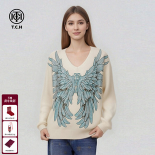 TCH秋冬新款 上衣女T75D09E1317 休闲慵懒风烫钻蓝色翅膀V领针织衫