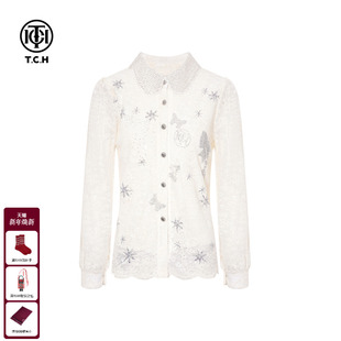 T75D13E5002 上衣女秋冬新款 TCH百搭时尚 烫钻米色气质叠穿蕾丝衬衫