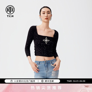 修身 TCH春季 新款 短款 满钻方领显瘦针织上衣女T72C098053 针织衫