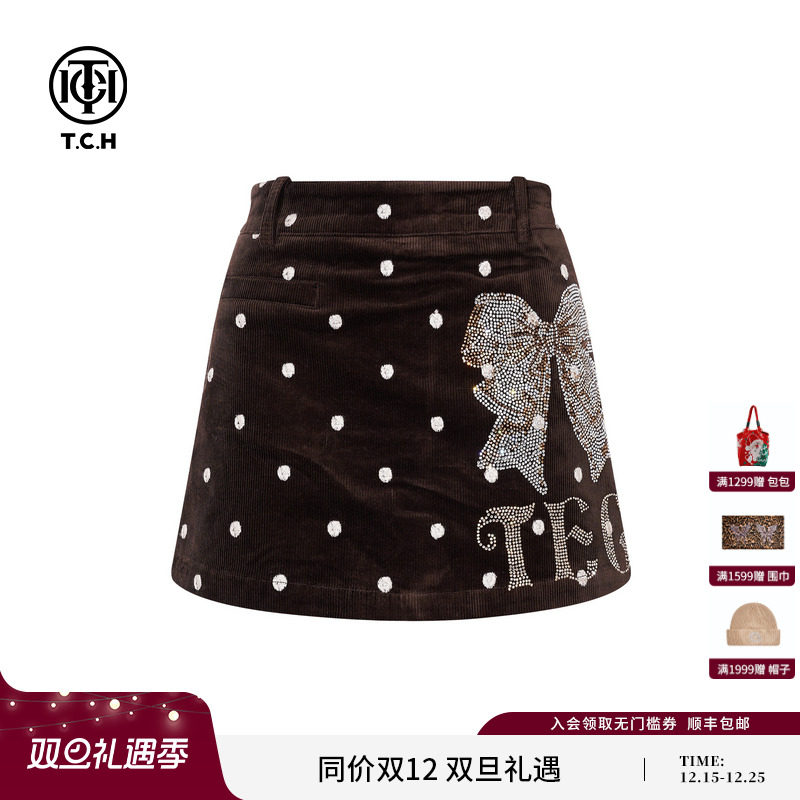 TCH韩系复古波点短裤女时尚烫钻咖色裤裙2025冬季新款T75D21E1001