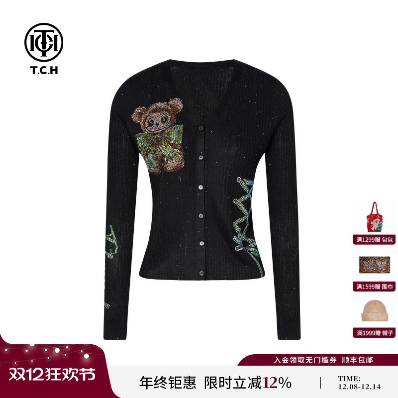 TCH私服卡通烫钻早秋修身显瘦百搭V领针织开衫上衣女T75C43E5030