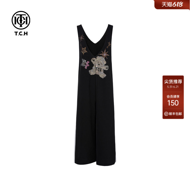 TCH烫钻无袖背带裤休闲宽松慵懒阔腿背心连体裤女T75C20B1001