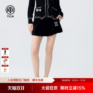 2025春夏新款 百搭复古休闲阔腿裤 女时尚 TCH丝绒烫钻高腰显瘦短裤