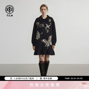 连衣裙女T78A30E1018 TCH烫钻花蝶宽松慵懒风荷叶边下摆翻领长袖