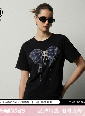 TCH潮酷休闲风烫钻蝴蝶结黑色短袖T恤女26春夏季新款T78A10E1030