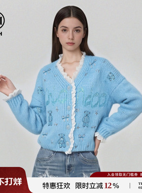 TCH【含绵羊毛】烫钻小熊花边领甜美减龄针织开衫女T78A43E1022